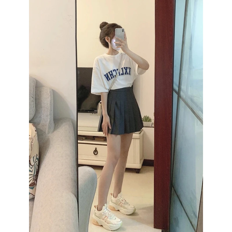 夏季可盐可甜盐系穿搭小个子百褶裙学院风T恤半身裙两件套装裙子