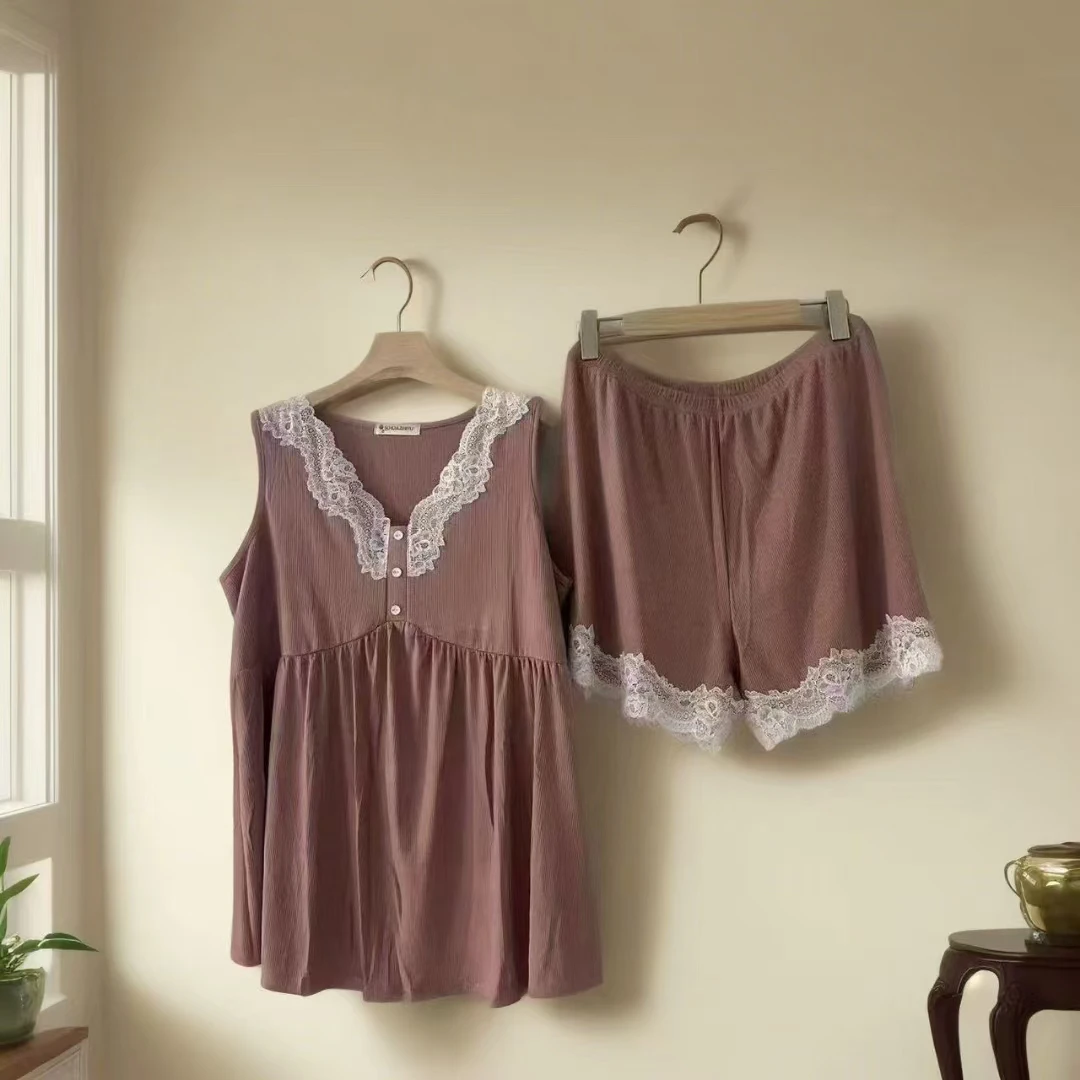 福利！女士大码春夏蕾丝螺纹家居套装福利