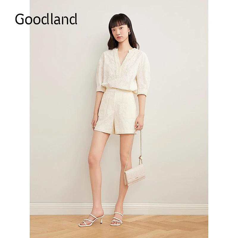 Goodland美地女装2025夏季新款法式蕾丝花边立体刺绣高腰短裤