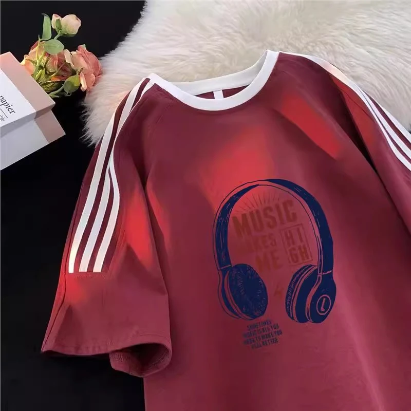 男童夏装短袖t恤纯棉夏季2025新款酷帅男孩痞帅宽松三条杠上衣潮