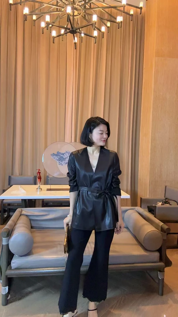 TANTAN  山羊皮 气质时尚带腰带真皮皮衣  2320