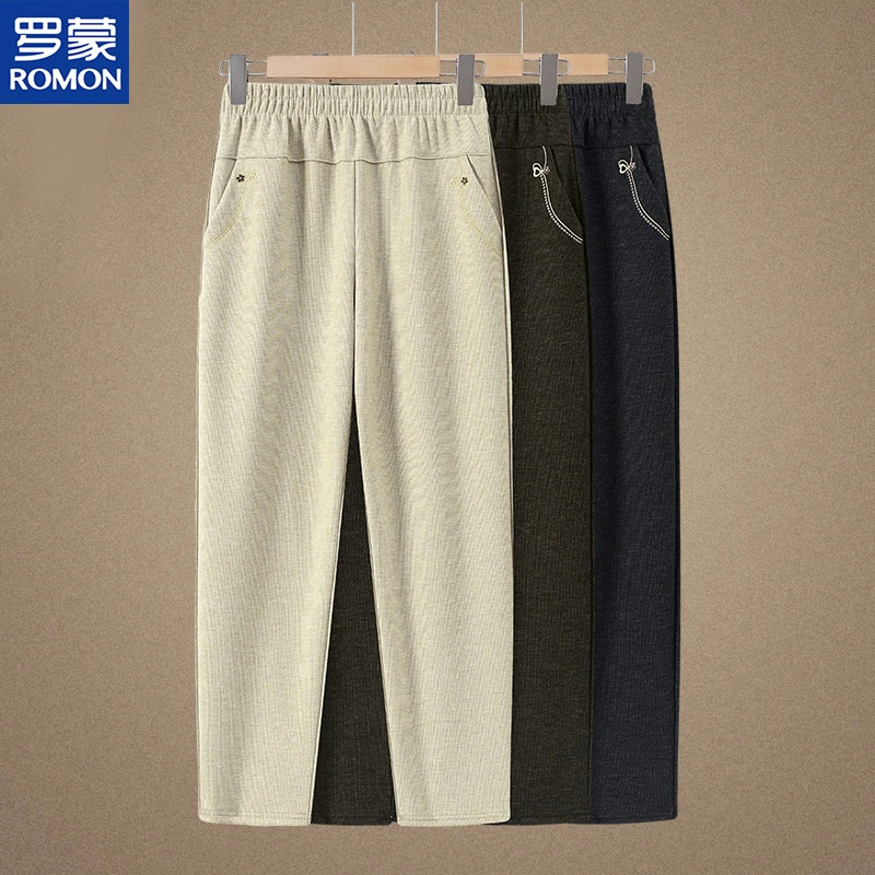 罗蒙中老年女装春秋季潮流高腰松紧裤洋气宽松女裤薄款休闲长裤子