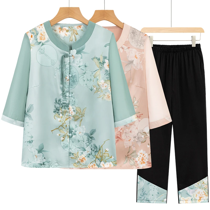 中老年人女妈妈夏装衣服老太太国风套装奶奶衬衫老年人薄款两件套