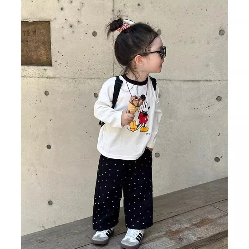 童装女童长袖t恤2025新款春秋穿搭儿童时髦百搭白色米奇纯棉上衣