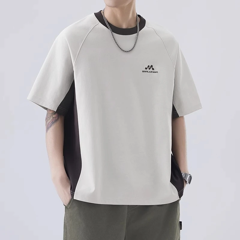 拼色短袖T恤男士2025新款夏季薄款圆领体恤男宽松休闲半袖上衣服