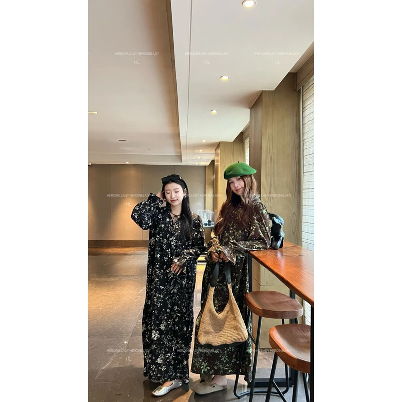 【甜铃铛】HL春款气质时尚长款印花显瘦百搭宽松浪漫碎花长款连衣裙