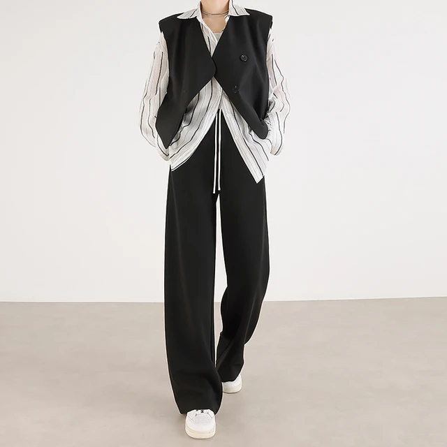 黑色阔腿裤女春季2025新款缎面拼接高腰垂感窄版休闲运动直筒卫裤