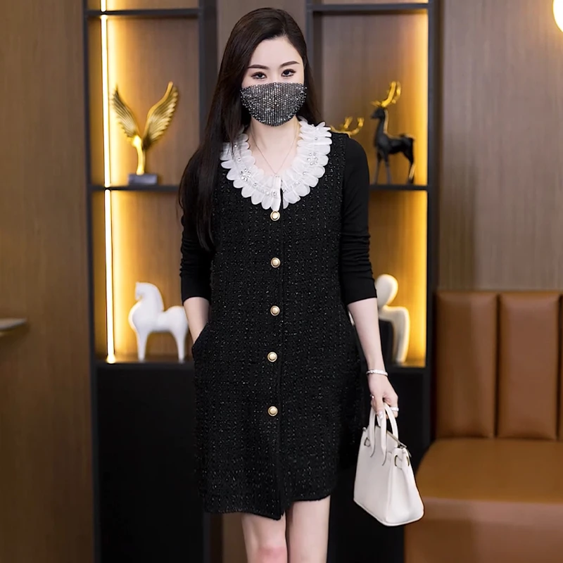 春季新款小香风背心裙大码女装亮丝中长款宽松时尚百搭无袖连衣裙