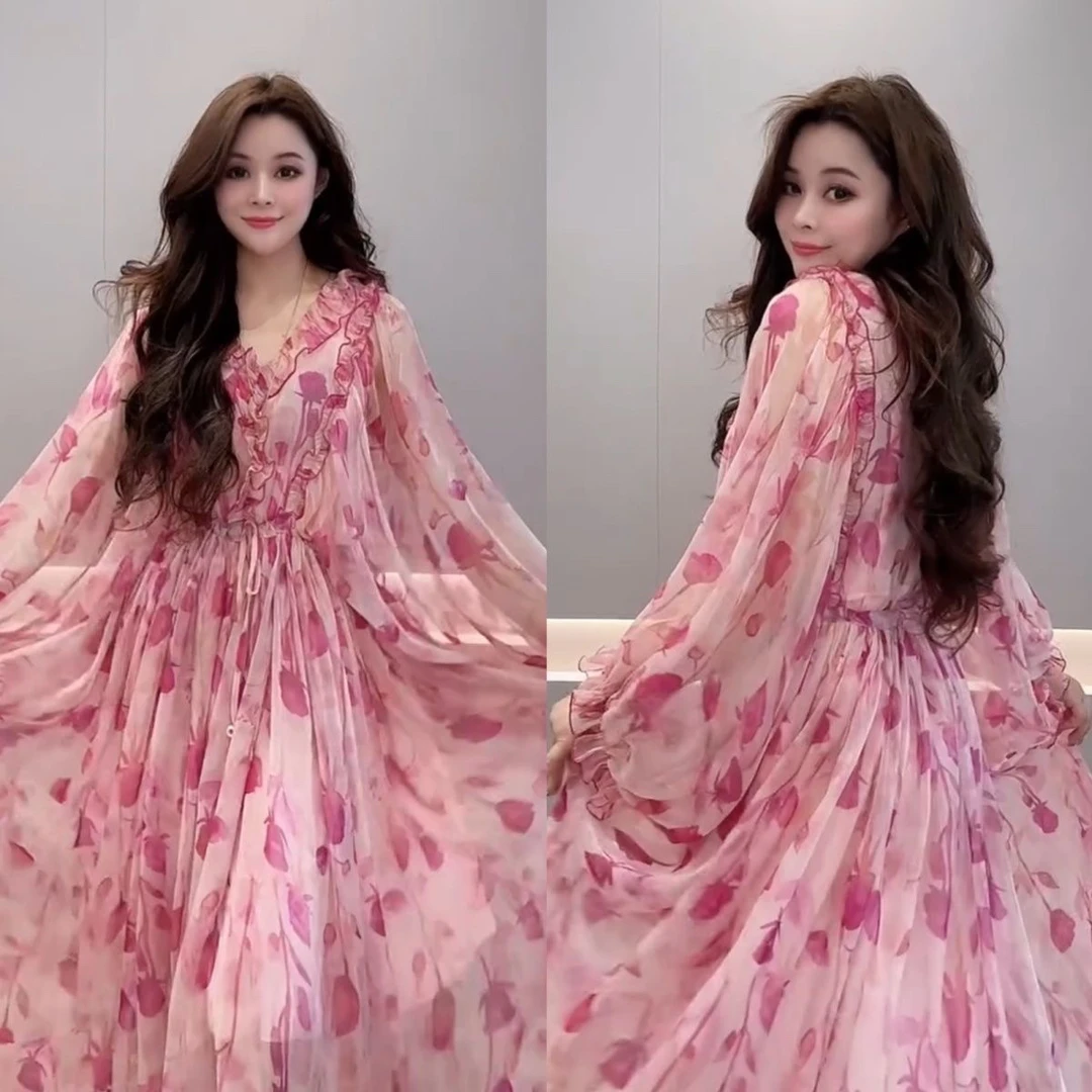 夏季海边度假法式端庄粉色宽松收腰仙女风碎花连衣裙