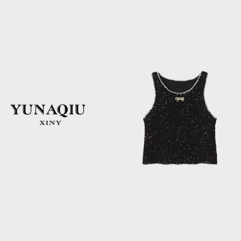 YUNAQIU时尚女士小香风重工亮片款镂空工艺无袖款式小背心-6101