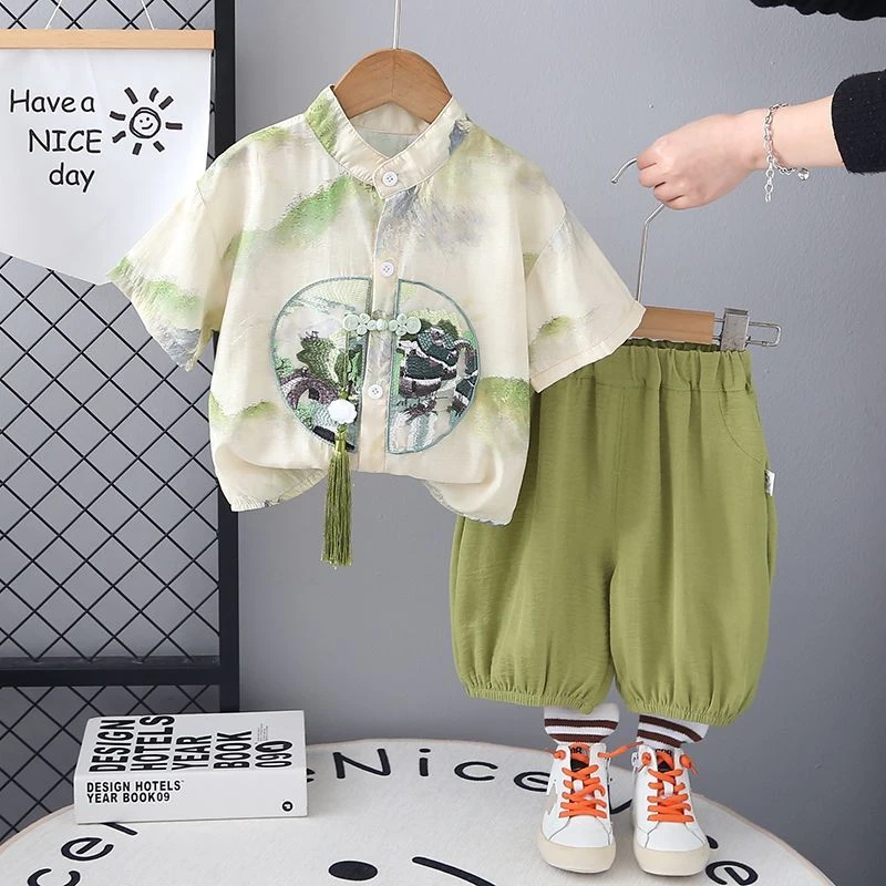男童夏季中国风套装儿童装洋气宝宝汉服短袖衬衫两件套小童夏装潮