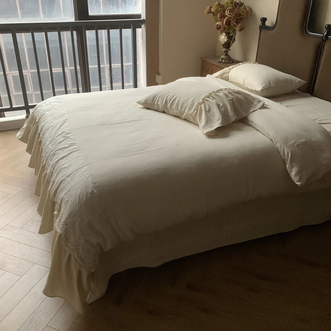 【亚麻双层纱】法式床上小众简约风被尾镂空花边亚麻四件套