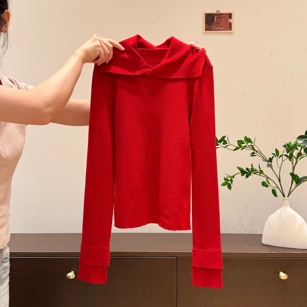 纯欲风纯色翻领长袖针织衫女2025年秋冬季新款修身内搭打底衫上衣