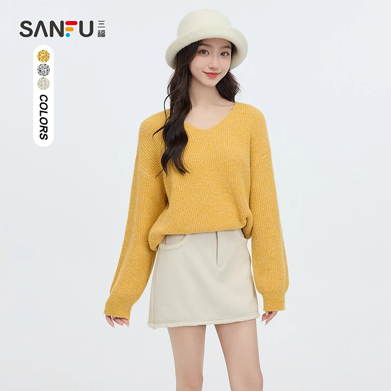 三福毛衣2025春季大V领纯色毛织时尚宽松上衣女装495456