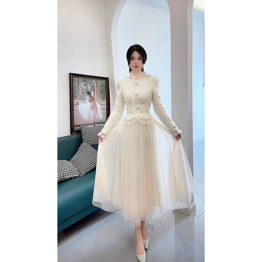 秋冬新款名媛显瘦法式小香风高腰拼接时尚气质白色连衣裙45487