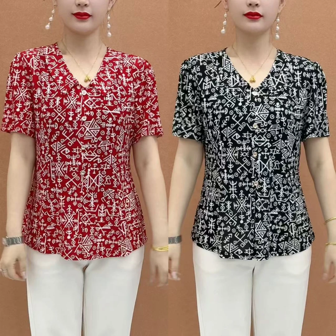 2025夏季新款娃娃领洋气显瘦百搭上衣气质遮肚印花中老年时尚小衫