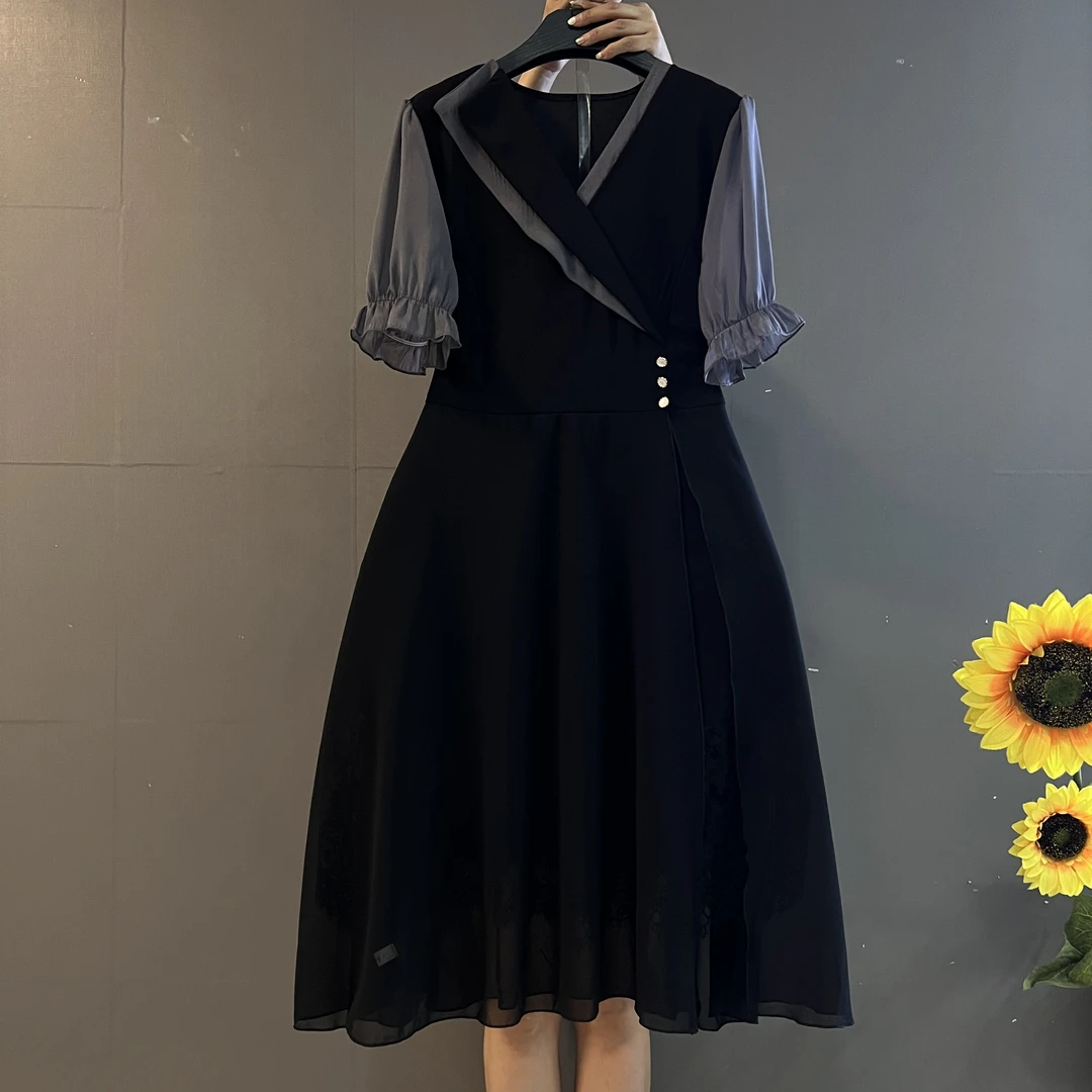 新款时尚撞色拼接气质显瘦大码中长款连衣裙9199