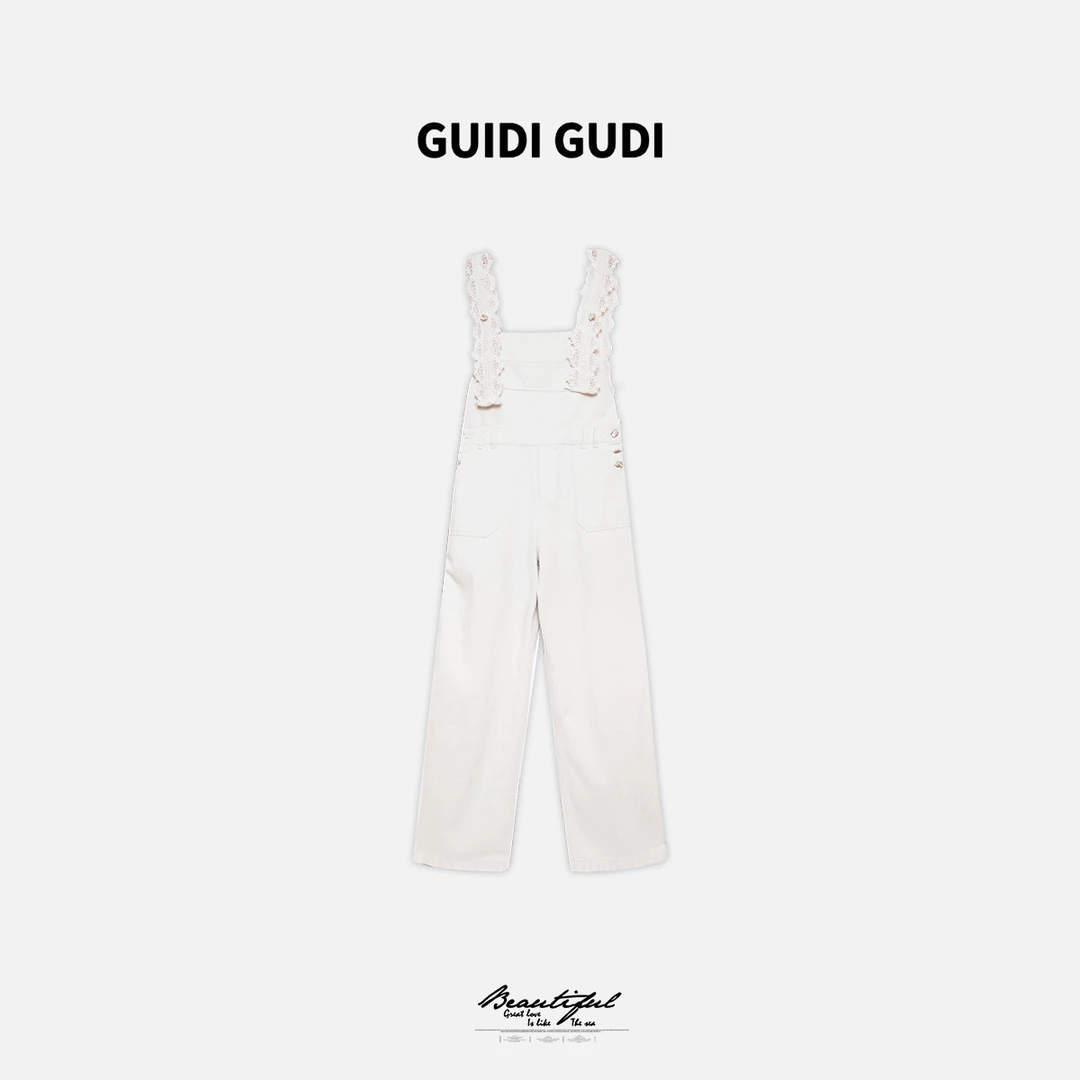 GUIDI GUDI【花满】黄加蓝重工蕾丝肩带杏白色背带裤 K9520937H