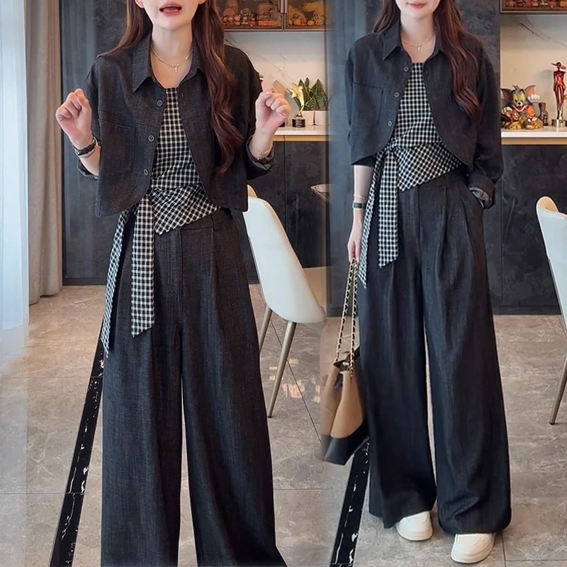 韩版通勤高级感套装女2025春秋新款格子吊带衬衫外套阔腿裤三件套