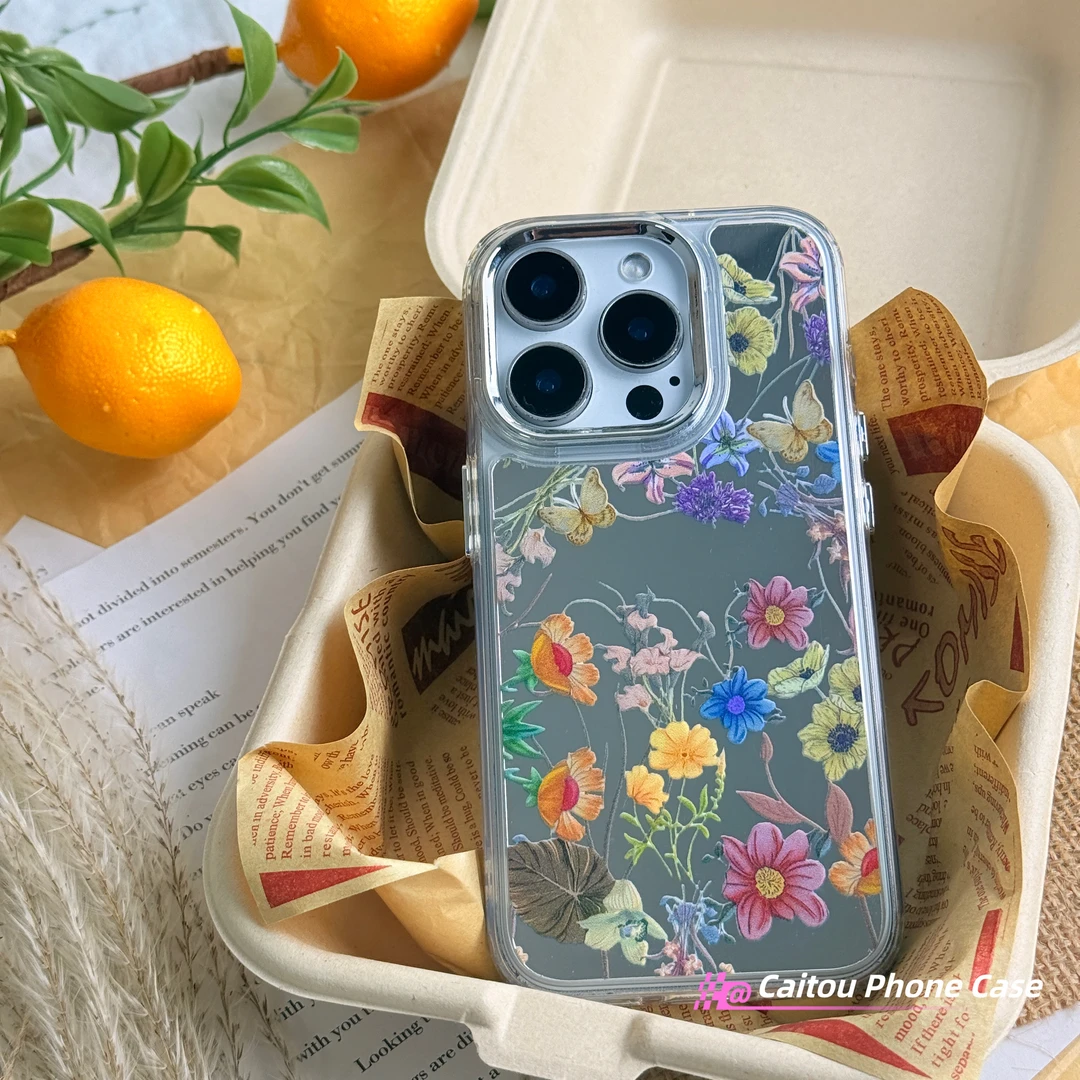 ins简约高级春日花草电镀镜面苹果16手机壳适用苹果14/13/15pro