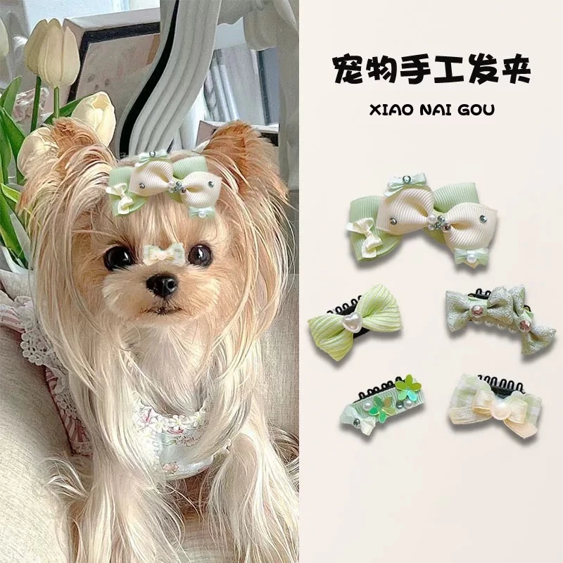 约克夏专用发夹鼻梁夹头饰不掉小狗狗碎发夹子bb夹宠物蝴蝶结头饰