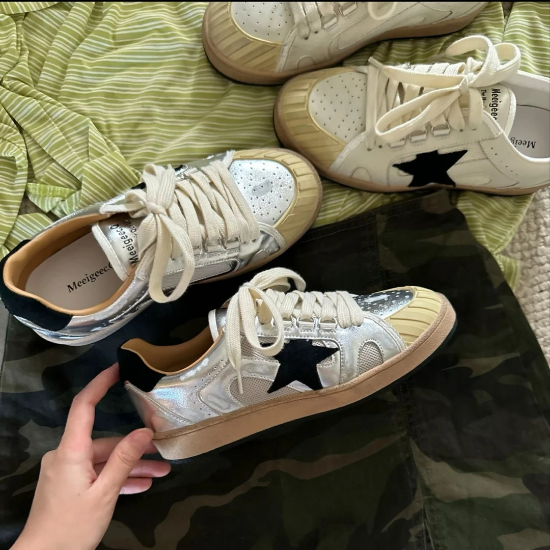 复古手工擦色板鞋女ins潮2025早秋新款做旧脏脏星星鞋休闲鞋子
