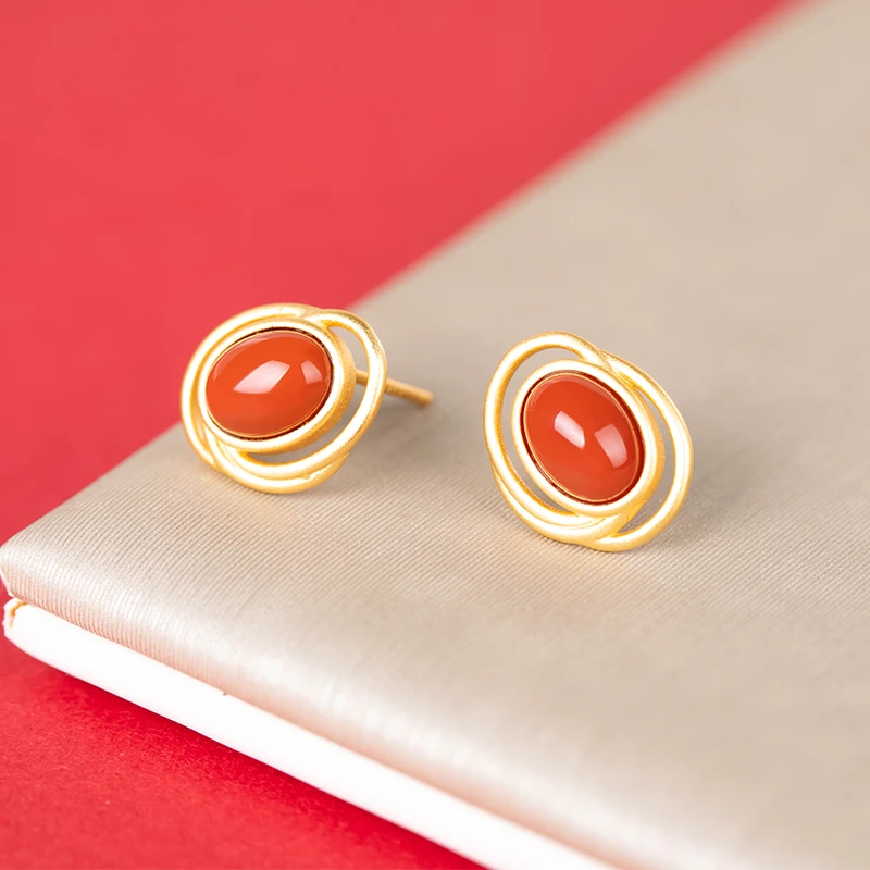 小银匠红色喜庆耳钉女925银红玛瑙耳饰新中式耳环母亲节生日礼物
