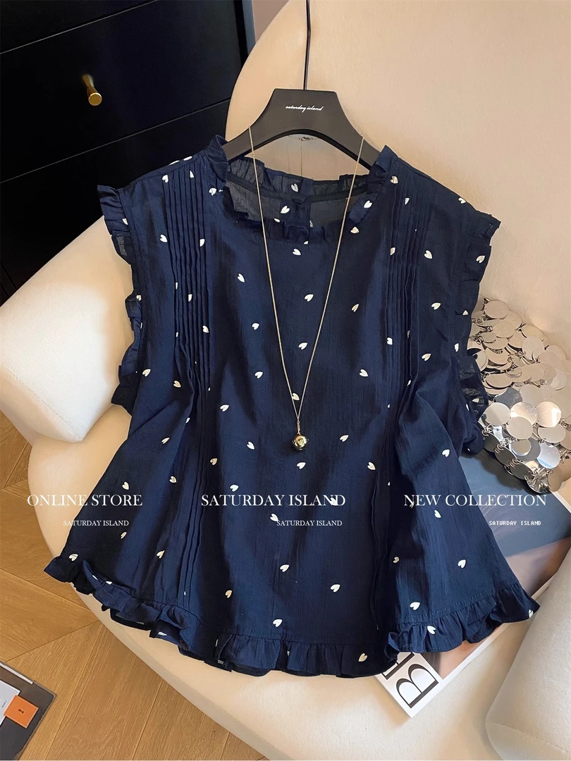 黑色设计感木耳边拼接圆领无袖衬衫女2025夏爱心印花洋气显瘦上衣