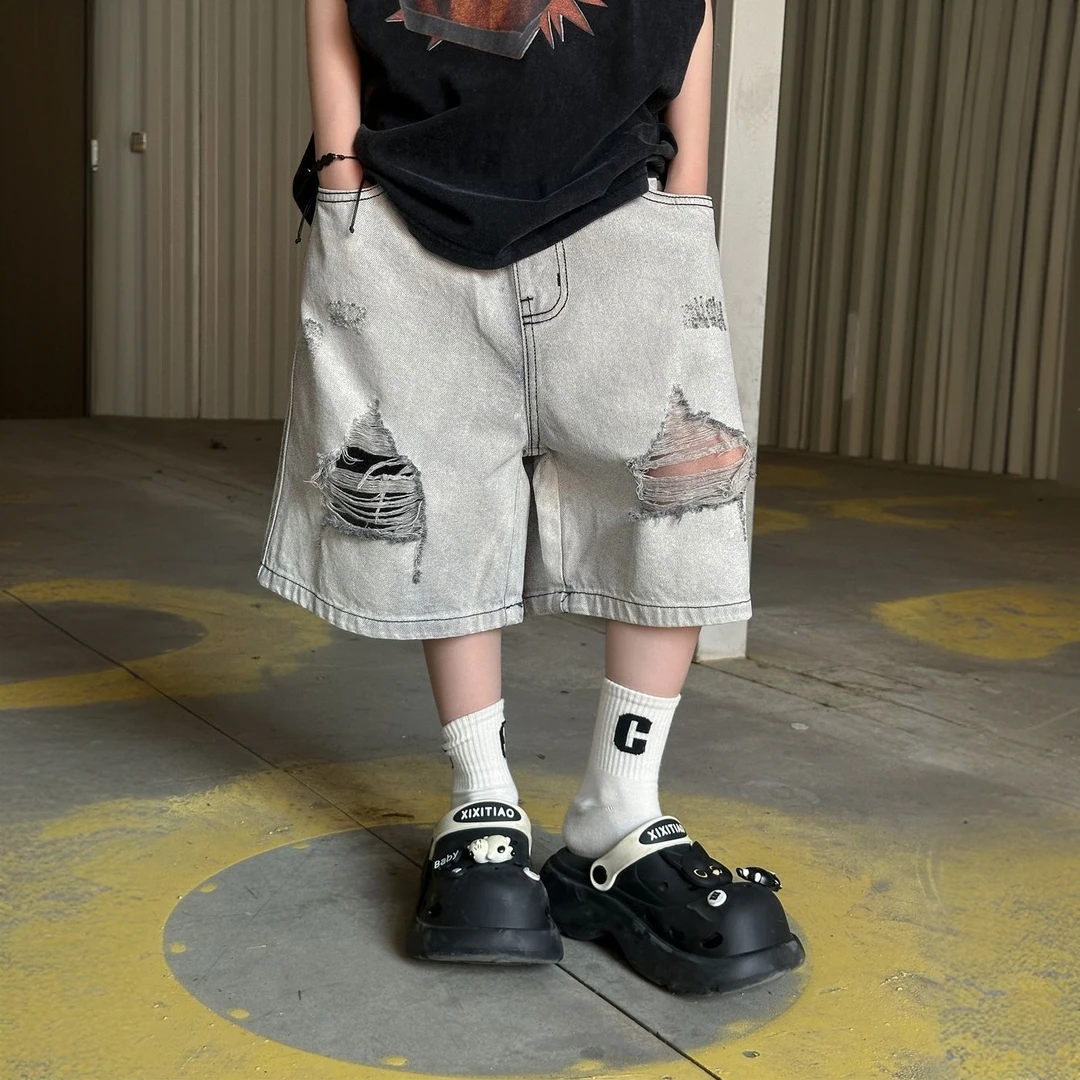 男童破洞牛仔短裤2025夏季新款儿童时尚复古中裤休闲宽松五分裤潮