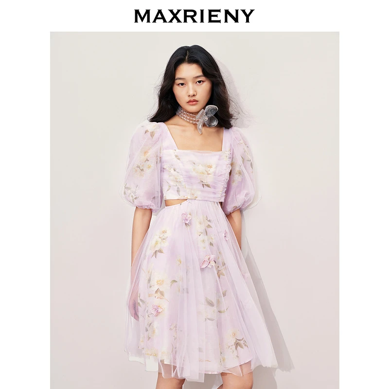 【蜜思仝】MAXRIENY独特浪漫印花甜美宫廷网纱连衣裙气质感女装修