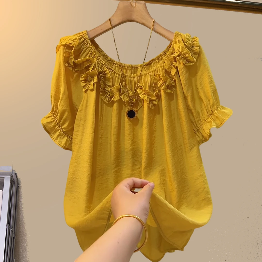夏季大码女装胖妹妹黄色盘花一字肩大版遮肉宽松百搭显瘦半袖上衣