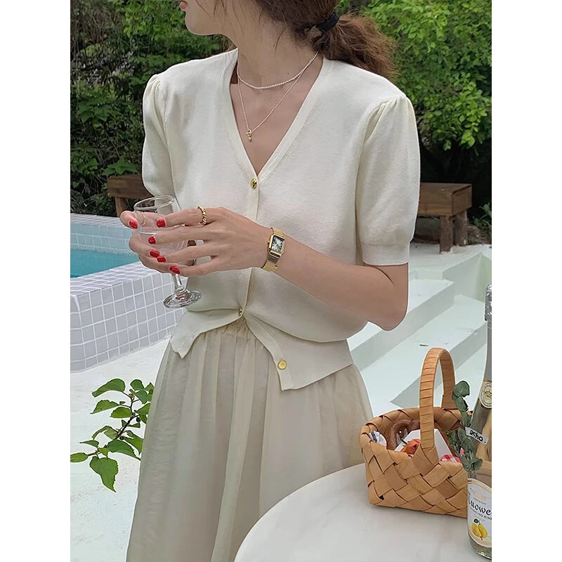 夏季冰丝短袖v领黑色针织小开衫女薄款短款泡泡袖上衣外搭