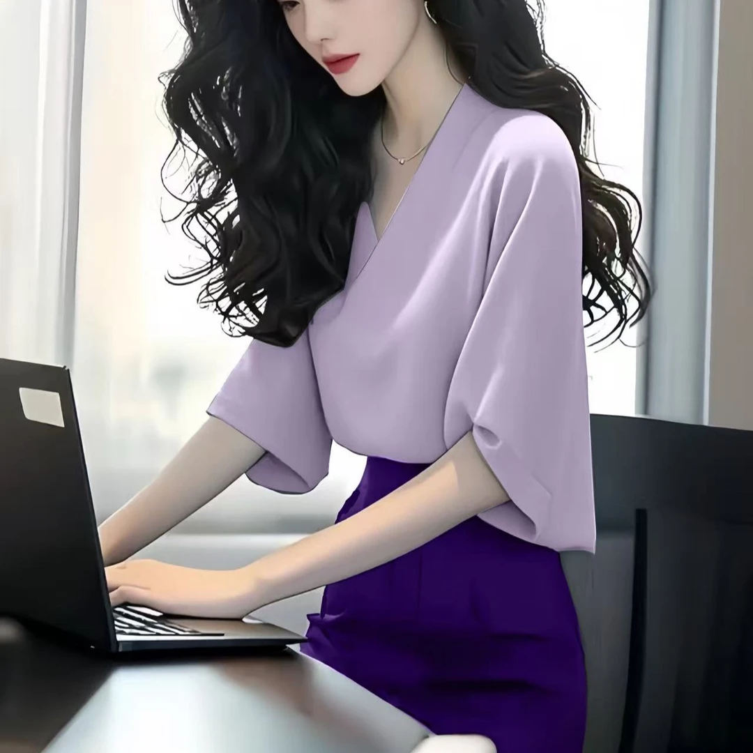 法式V领气质职业通勤缎面衬衫女夏季