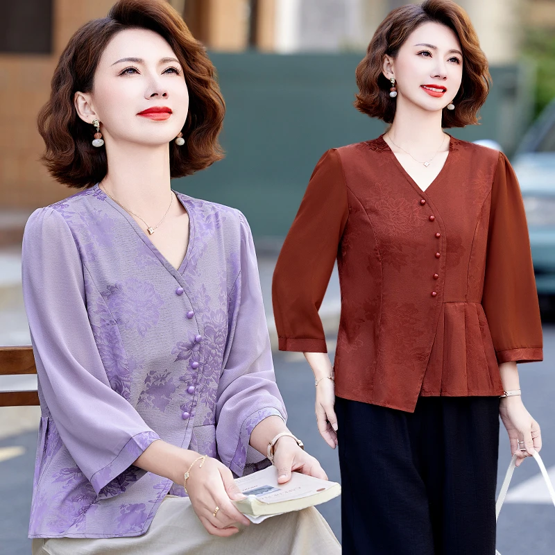 2025夏中年妈妈新中式国风小衫洋气上衣中老年女装气质七分袖上衣