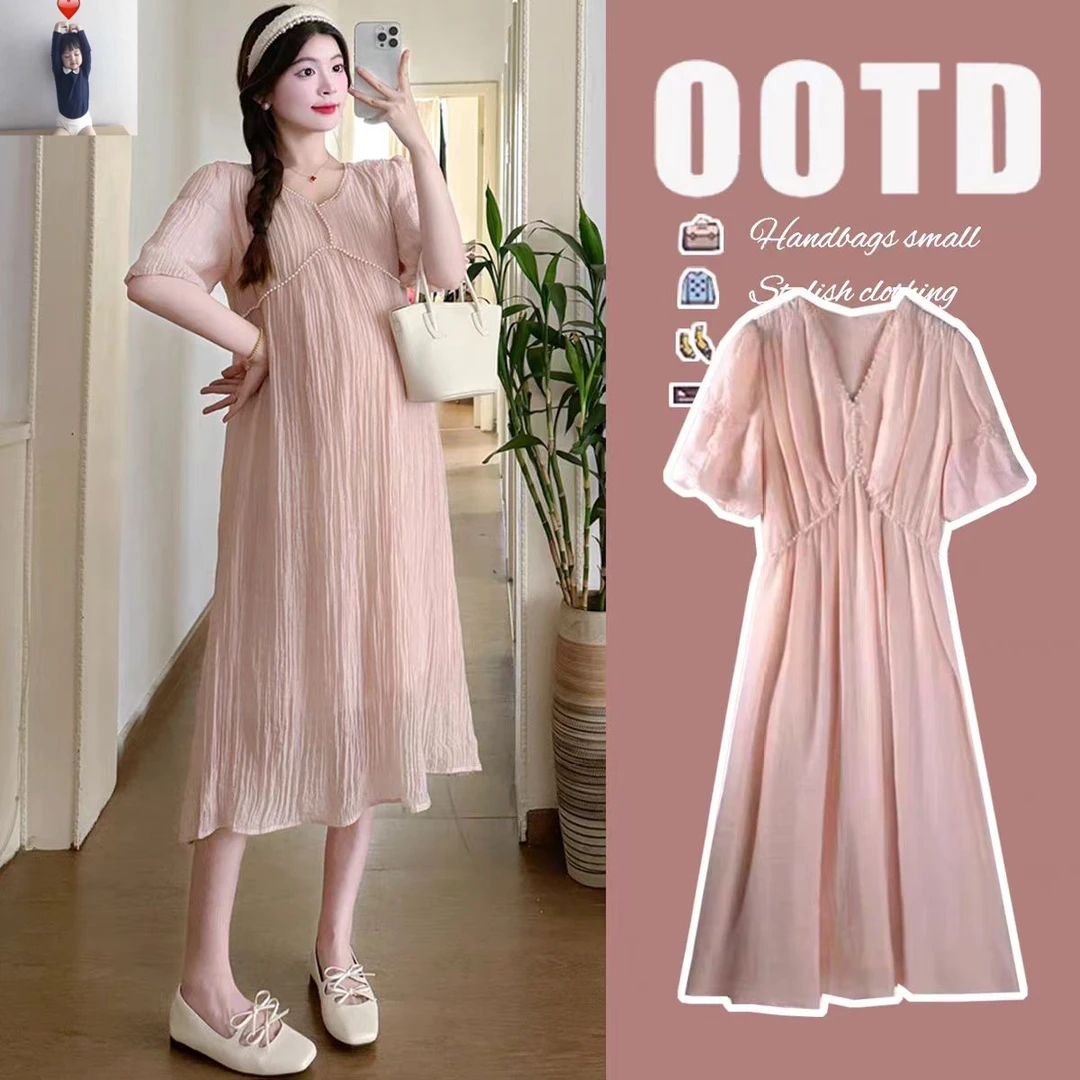 孕妇连衣裙高级感夏季粉色v领宽松显瘦峃賢法式气质长裙2025新款