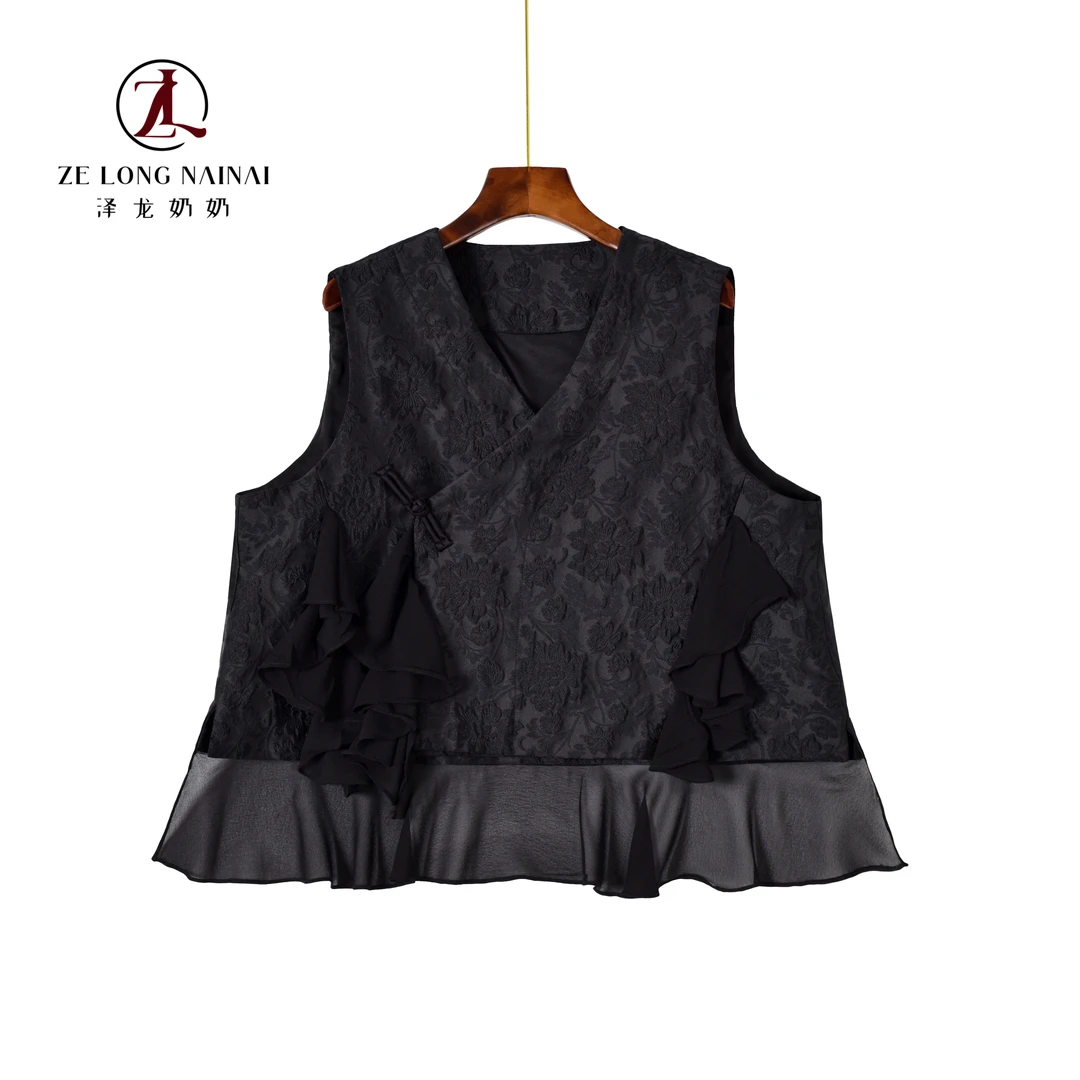 2517 提花马甲中式荷叶边拼接减龄洋气短款黑色马夹国风马夹