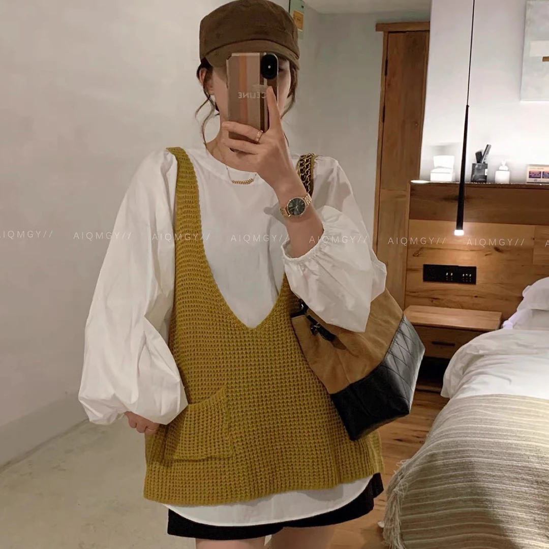 韩国东大门早秋新款百搭圆领长袖衬衫+针织背心上衣两件套装