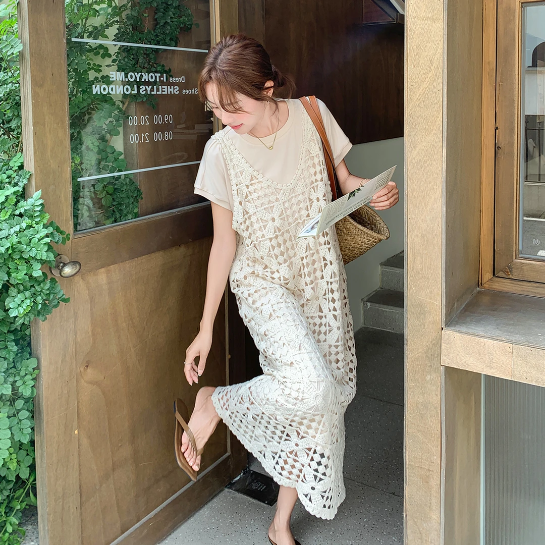 蕾丝镂空背心罩衫长裙两件套女夏季休闲t恤裙新款时尚洋气连衣裙