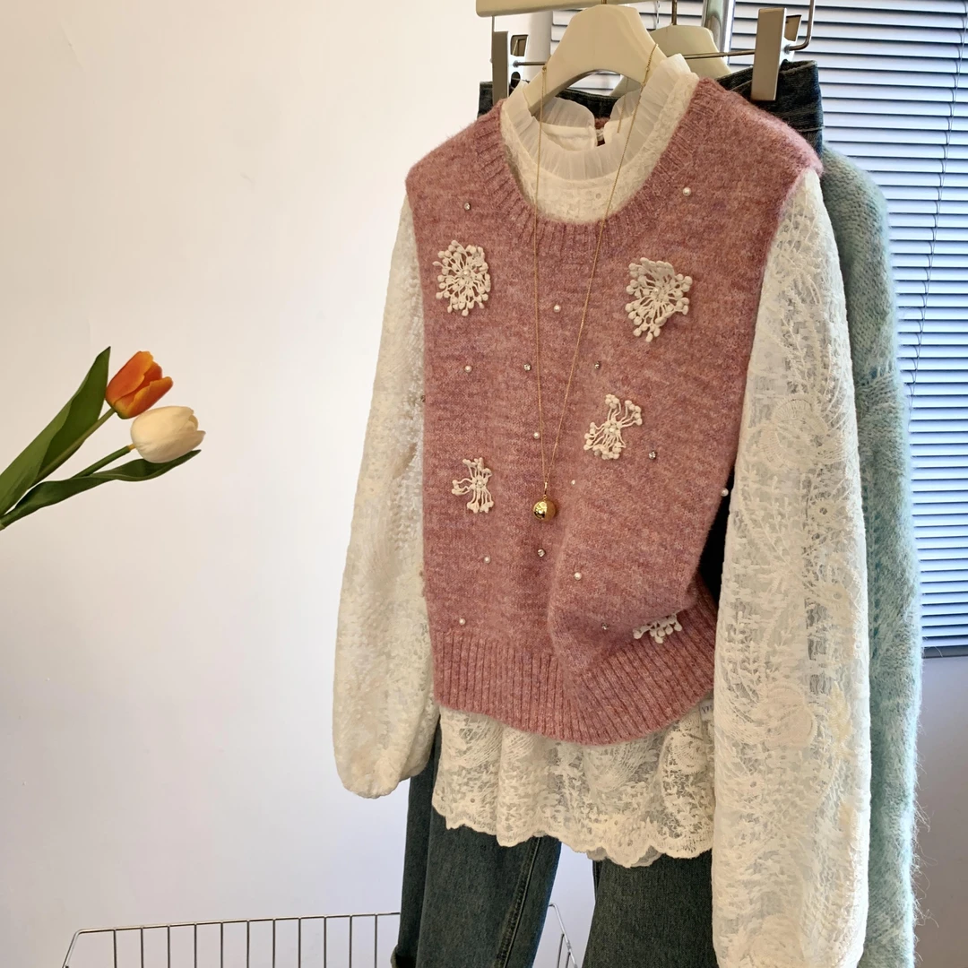 法式灰色钉珠花朵毛衣背心女2025秋冬叠穿高级感打底蕾丝衫两件套