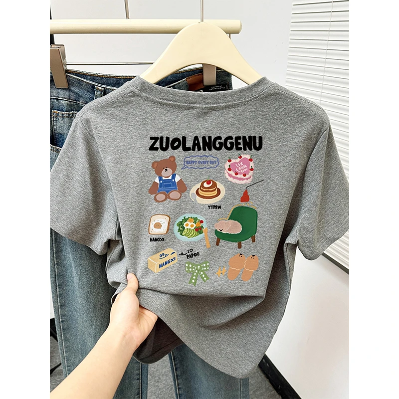 2025夏季新款韩系百搭休闲可爱圆领前后印花正肩短袖T恤上衣女潮