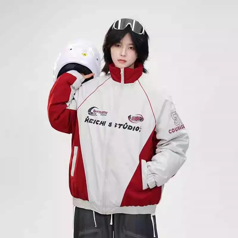 VALVOELITE美式复古印花立领机车潮牌秋冬新款宽松休闲棉服外套