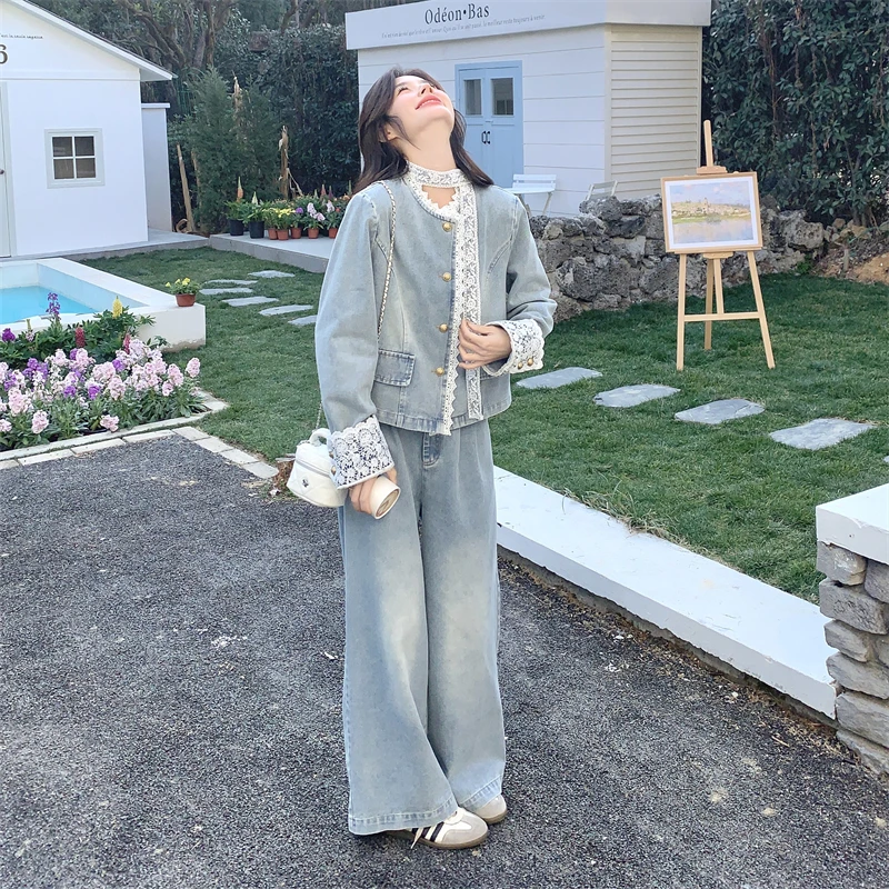 蕾丝拼接牛仔宽裤套装女春秋2025新款两件套独特绝美超火高级感