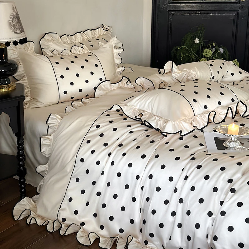 水星高端家纺法式浪漫花边100S长绒棉四件套波点印花被套柔软全棉