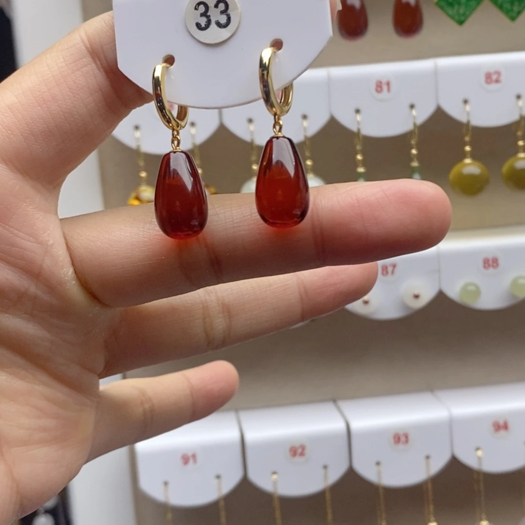 血珀银S925镶嵌耳饰