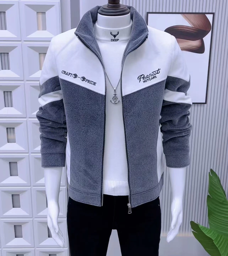 新款潮流冬季立领加绒夹克时尚修身男士拼色休闲男士潮流外套