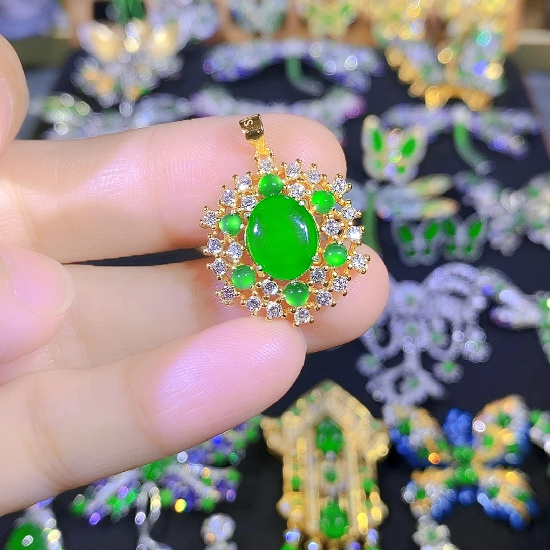 吊坠(不含链)银S925镶嵌翡翠