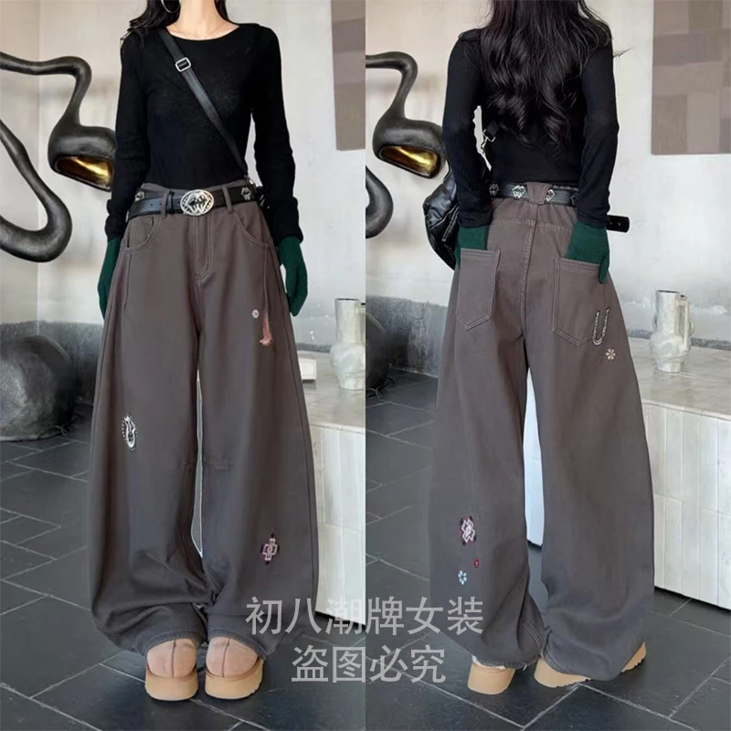 22261重工刺绣加绒加厚牛仔裤2025年美式复古直筒显瘦休闲长裤女