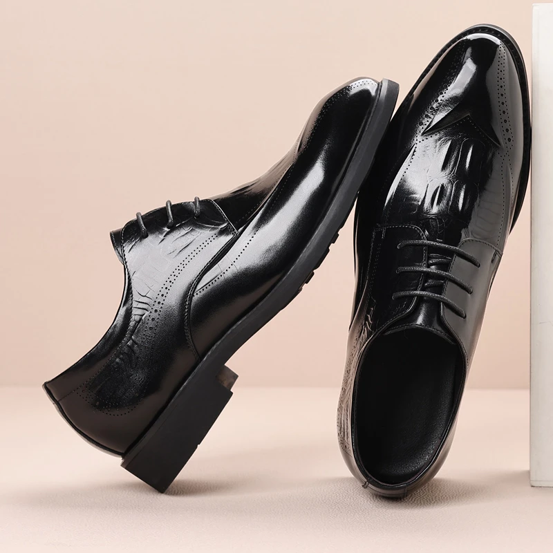 男士头层牛皮英伦风皮鞋商务正装真皮尖头布洛克鳄鱼纹休闲皮鞋男