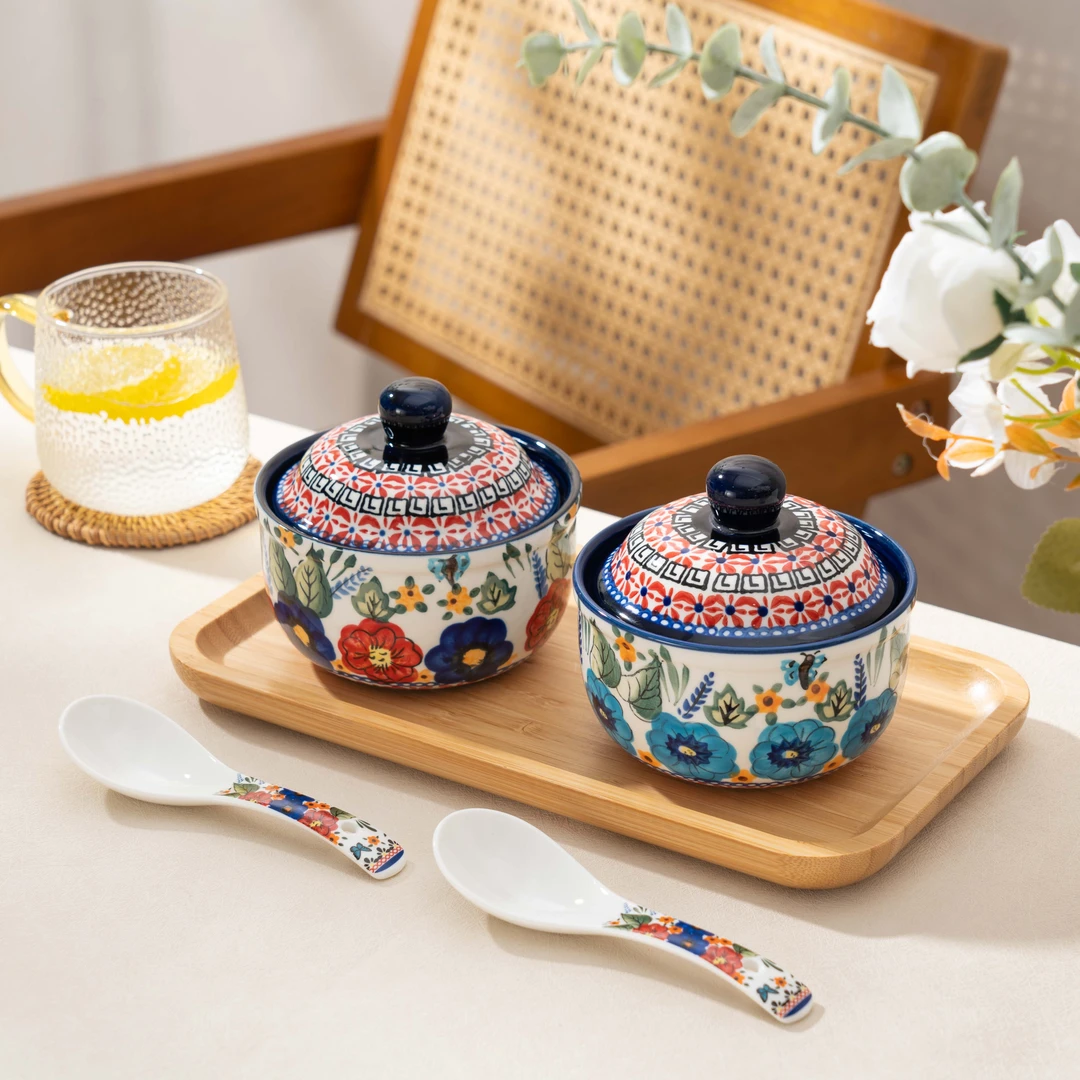 【西里西亚】手绘西里西亚（红/蓝）-4.5英寸带盖炖盅配勺