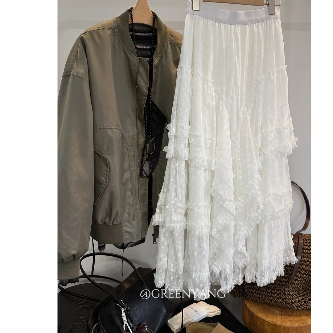 老羊家~白色蕾丝半身裙女春季新款a字纱裙甜美公主蓬蓬蛋糕长裙